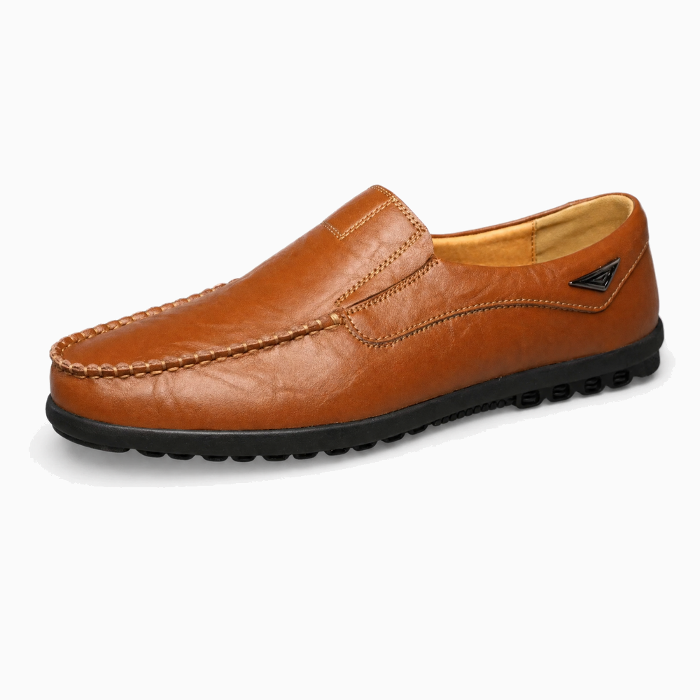 Brown Leather Emblem Stitch Loafers
