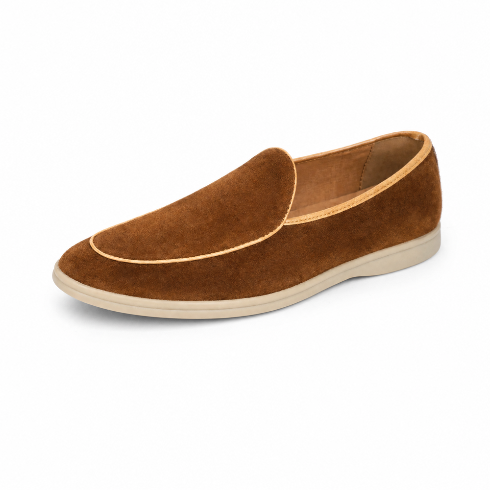 Brown Suede Contrast Piping Loafers