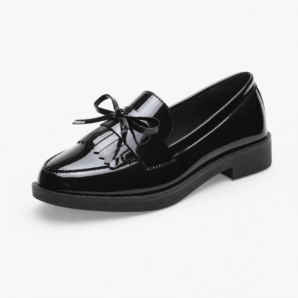 Black Patent Bow Fringe Loafers