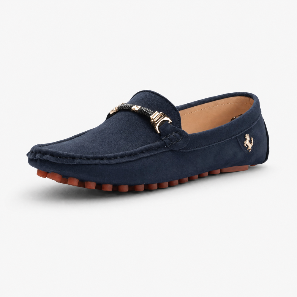 Navy Suede Metal Emblem Loafers