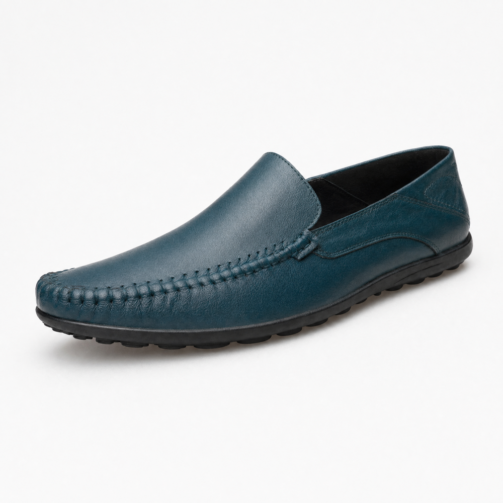 Navy Blue Leather Apron Toe Loafers