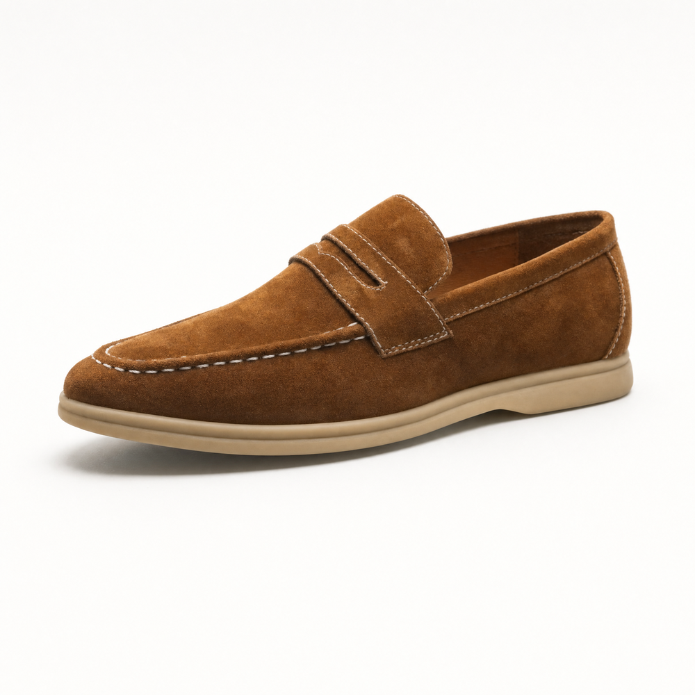 Brown Suede White Stitch Loafers