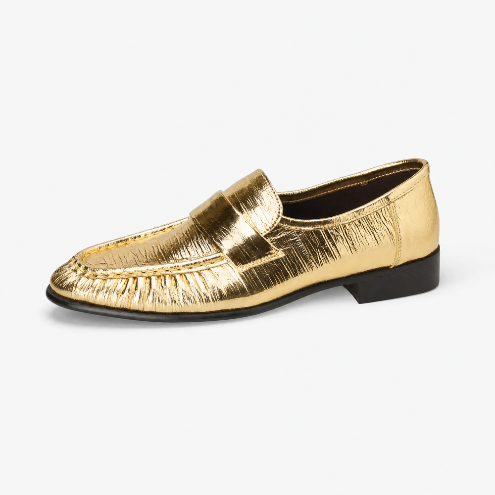 Textured Gold Leather Loafers