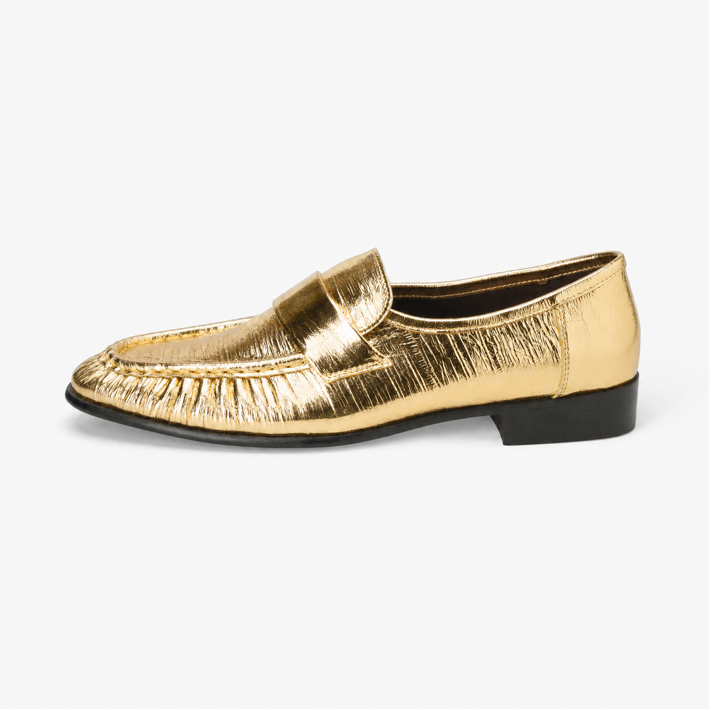 Textured Gold Leather Loafers
