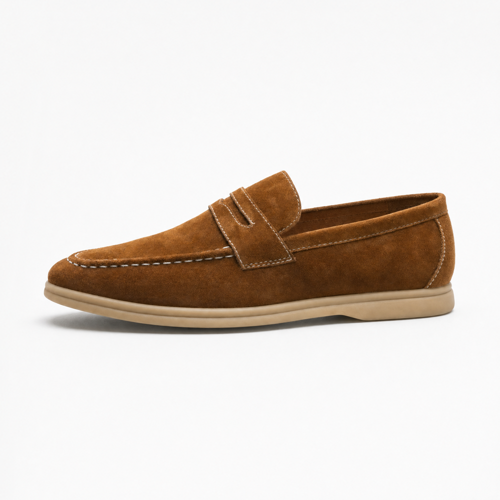 Brown Suede White Stitch Loafers