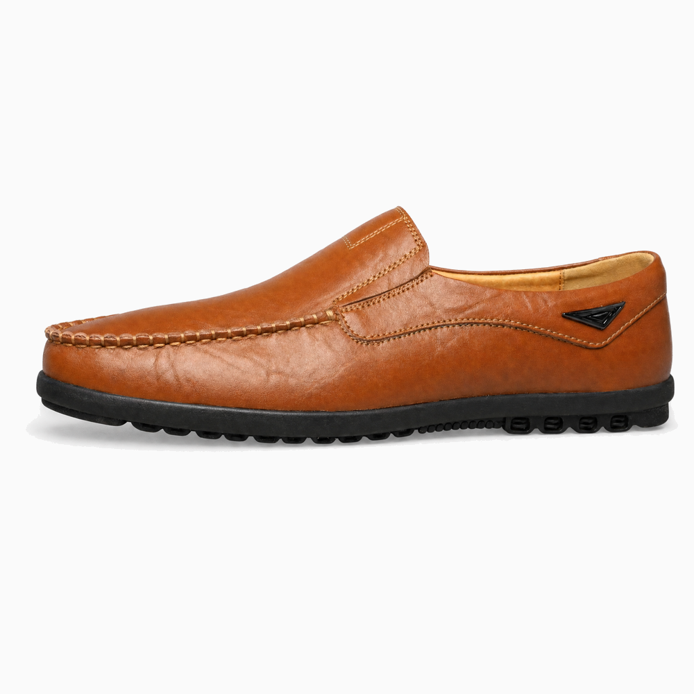 Brown Leather Emblem Stitch Loafers