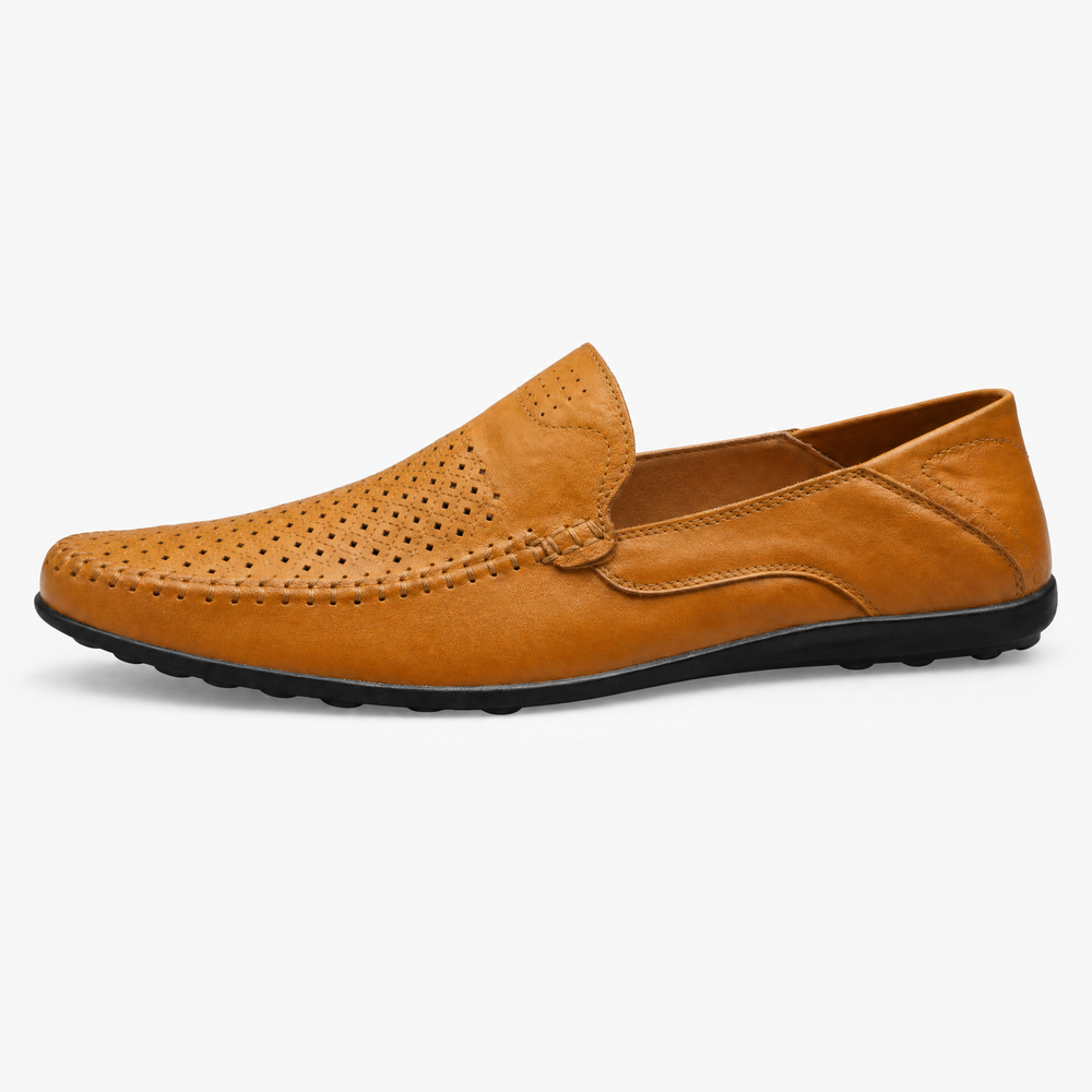 Camel Perforated Slip On Loafers