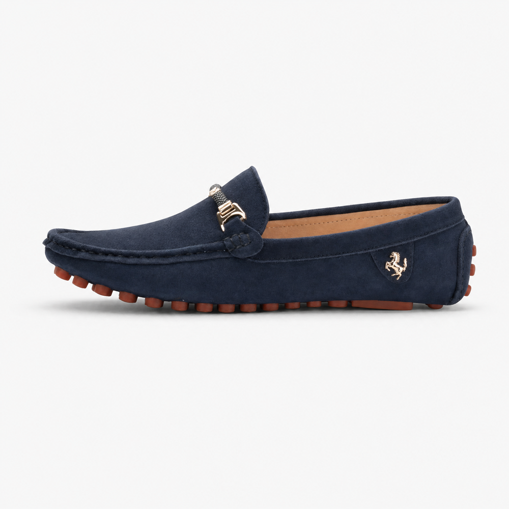 Navy Suede Metal Emblem Loafers