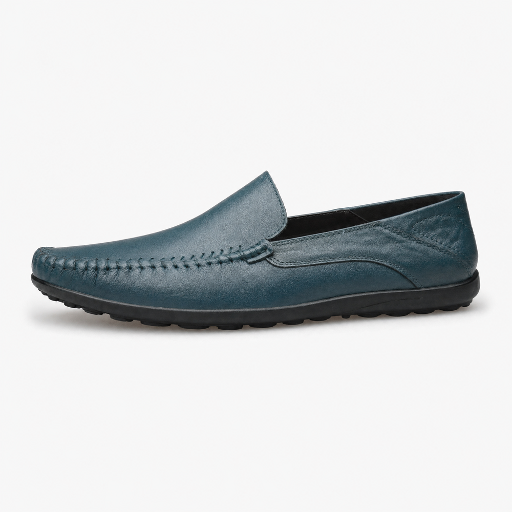 Navy Blue Leather Apron Toe Loafers
