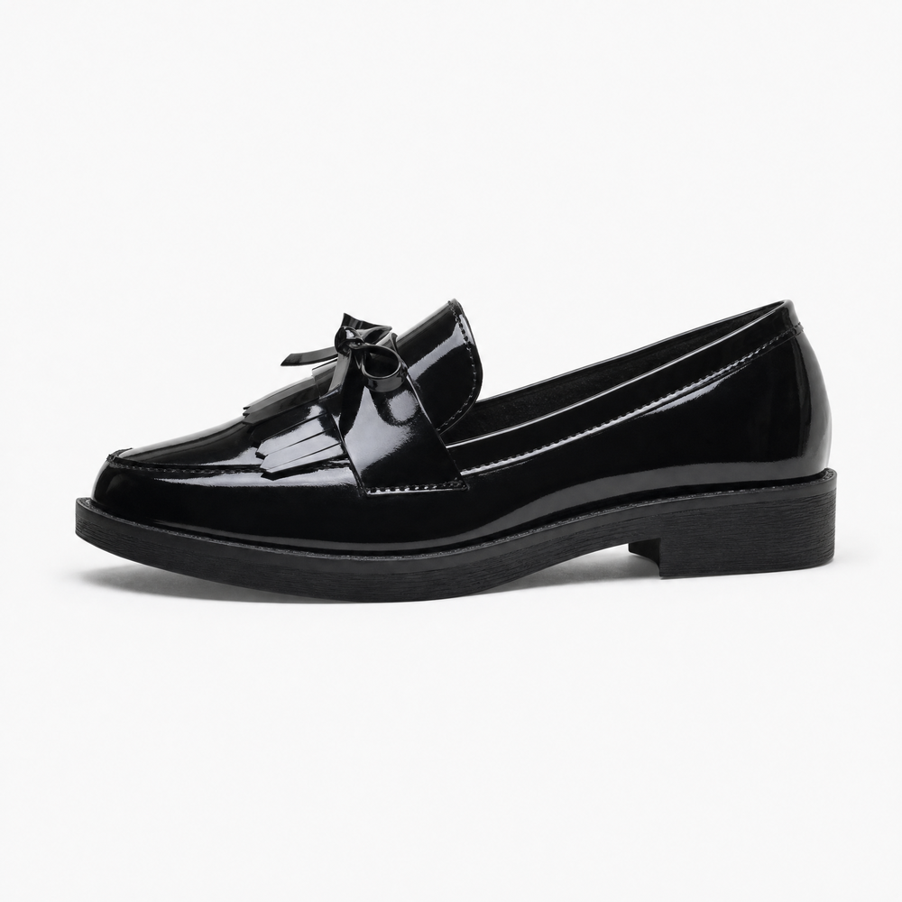 Black Patent Bow Fringe Loafers