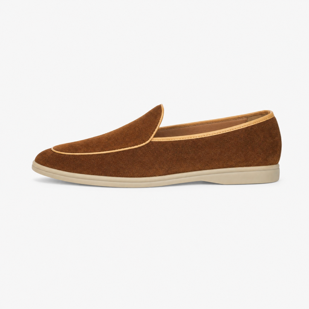 Brown Suede Contrast Piping Loafers