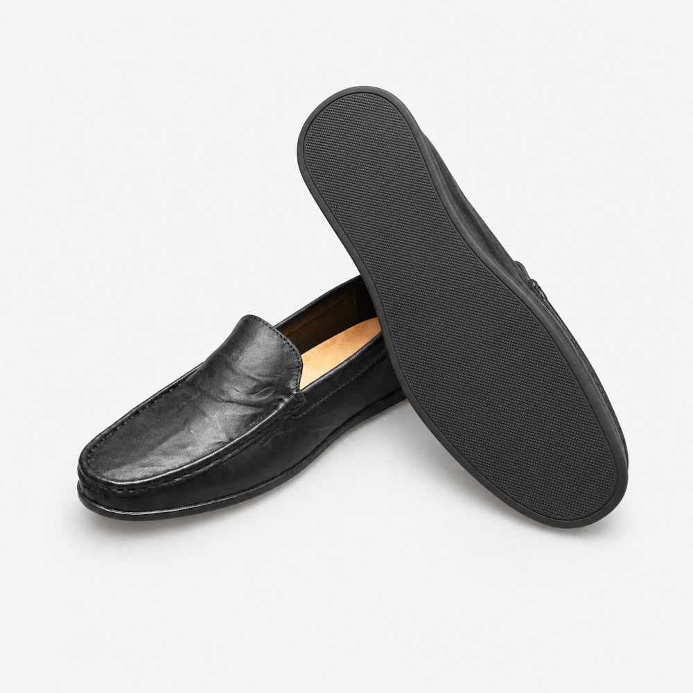 Black Leather Plain Loafers