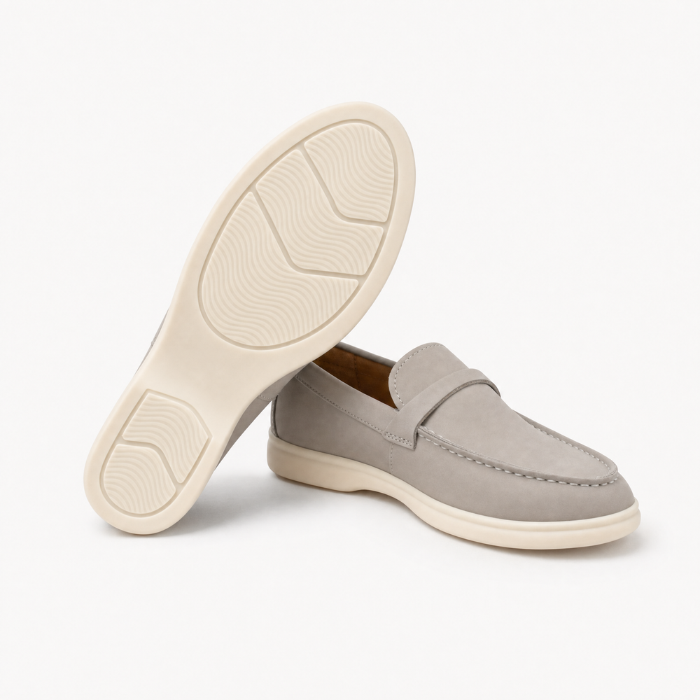 Grey Suede Penny Flat Loafers