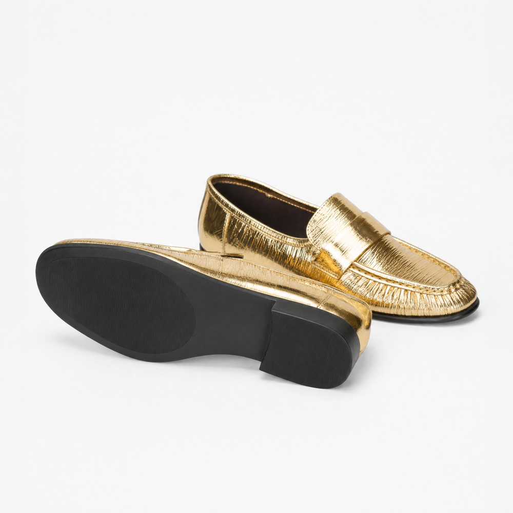 Textured Gold Leather Loafers