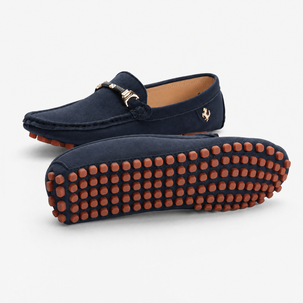 Navy Suede Metal Emblem Loafers