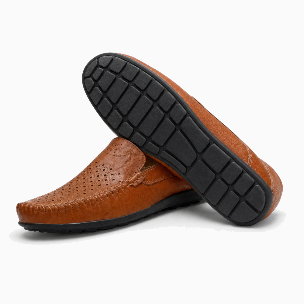 Brown Perforated Slip On Loafers