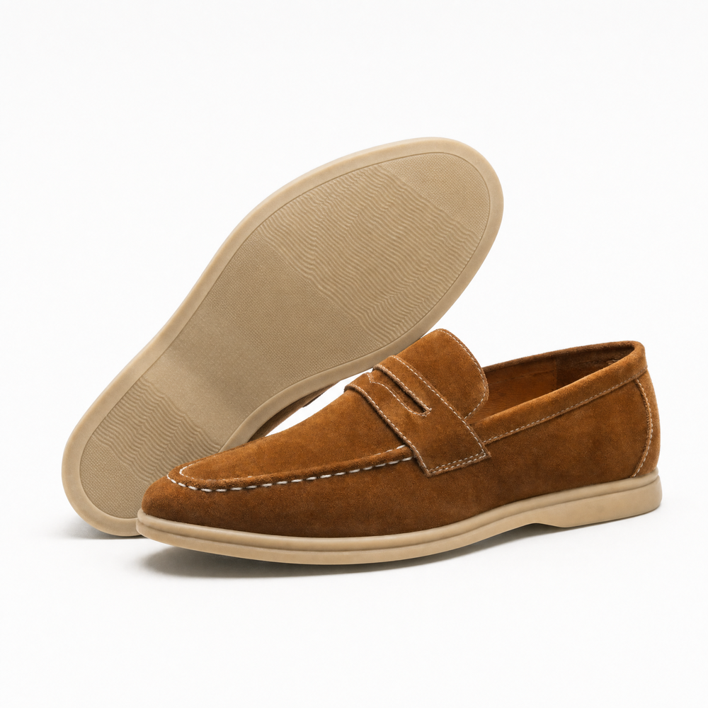 Brown Suede White Stitch Loafers