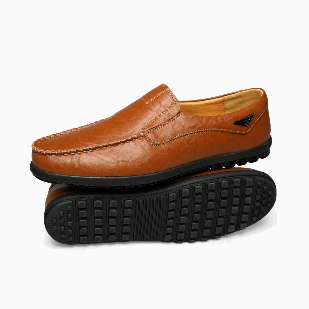 Brown Leather Emblem Stitch Loafers