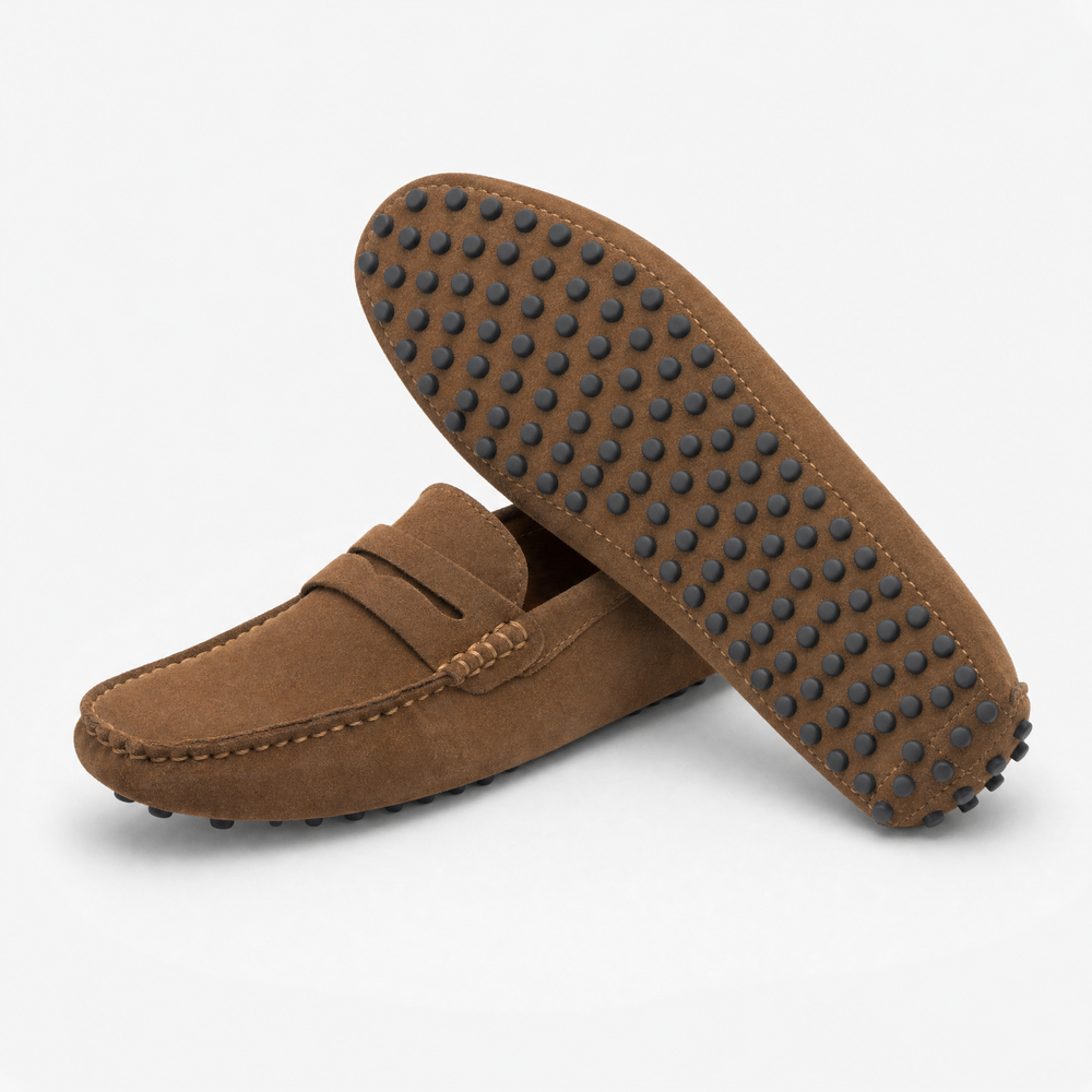 Brown Suede Studded Penny Loafers