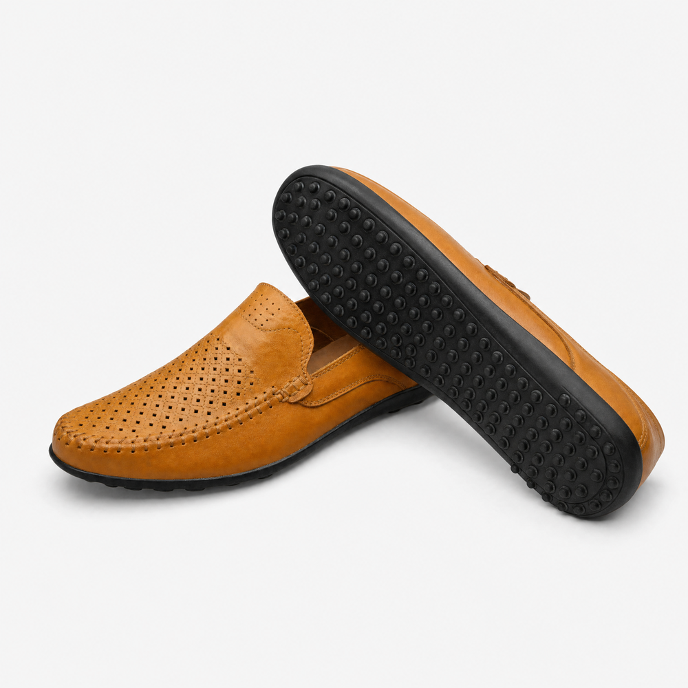 Camel Perforated Slip On Loafers