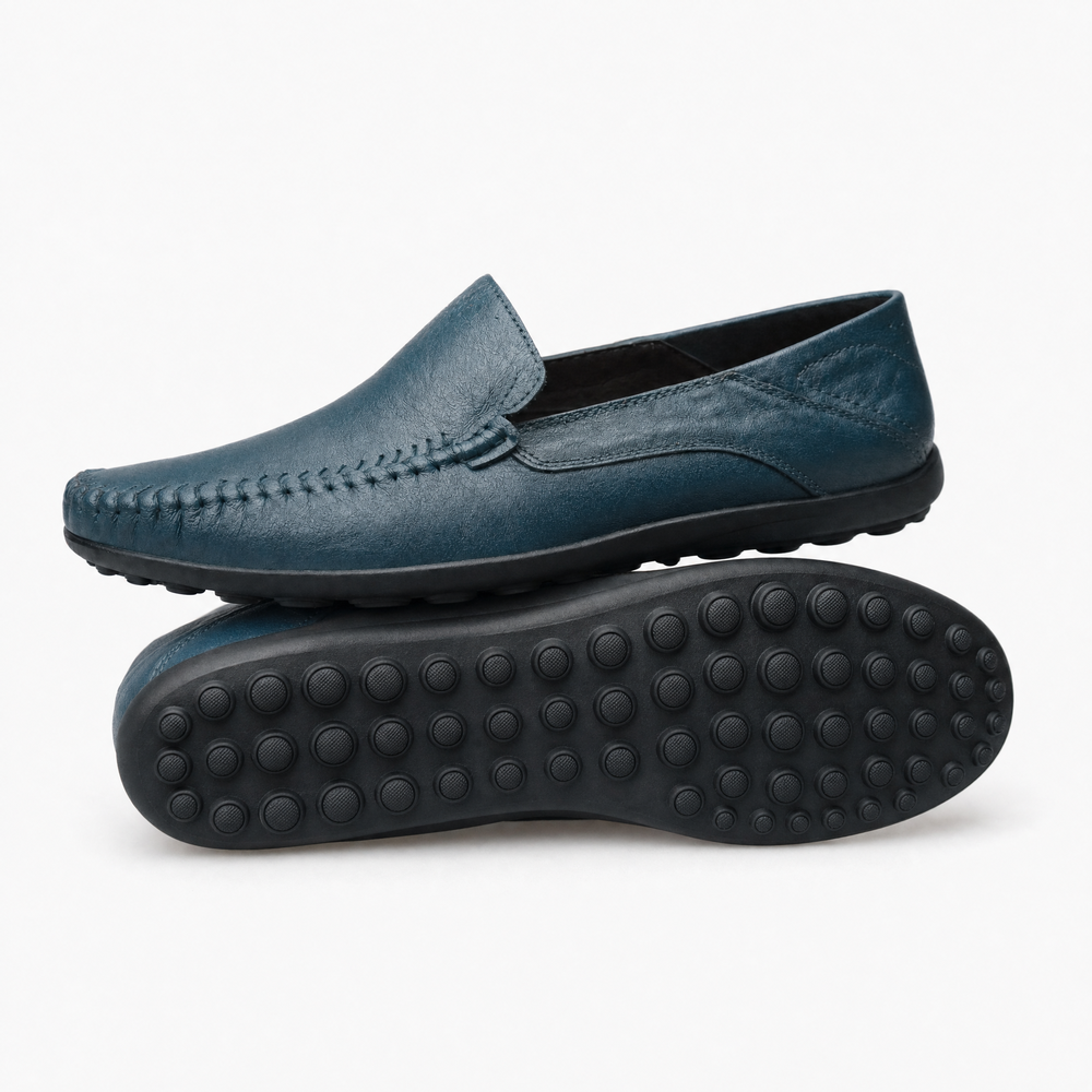 Navy Blue Leather Apron Toe Loafers
