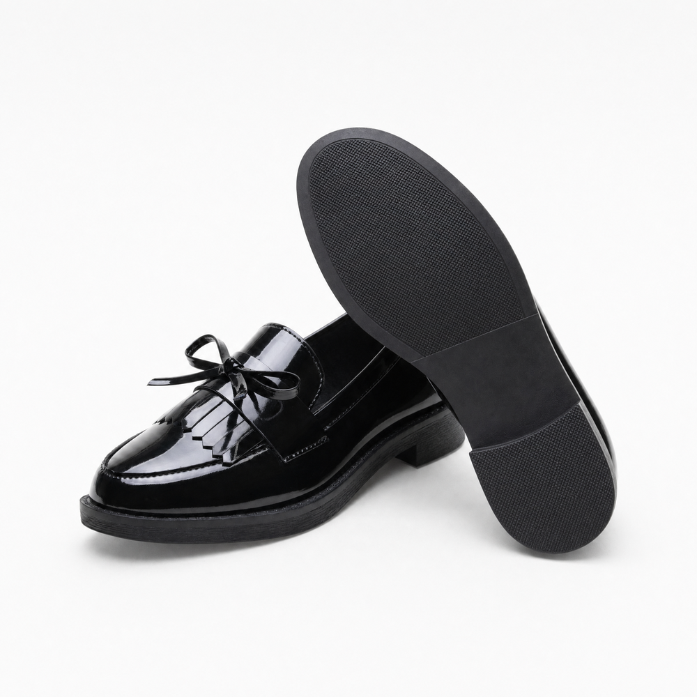 Black Patent Bow Fringe Loafers