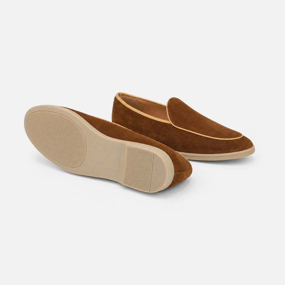 Brown Suede Contrast Piping Loafers