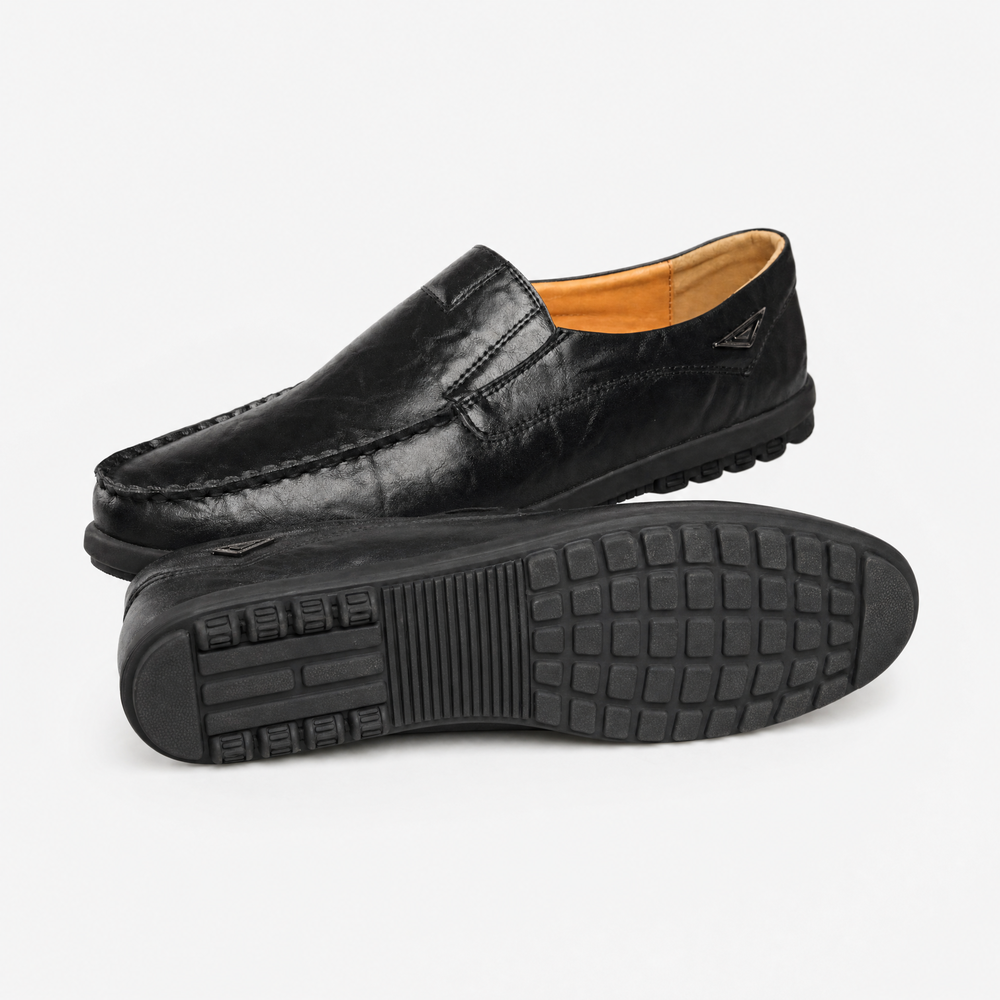 Black Leather Metal Accent Loafers