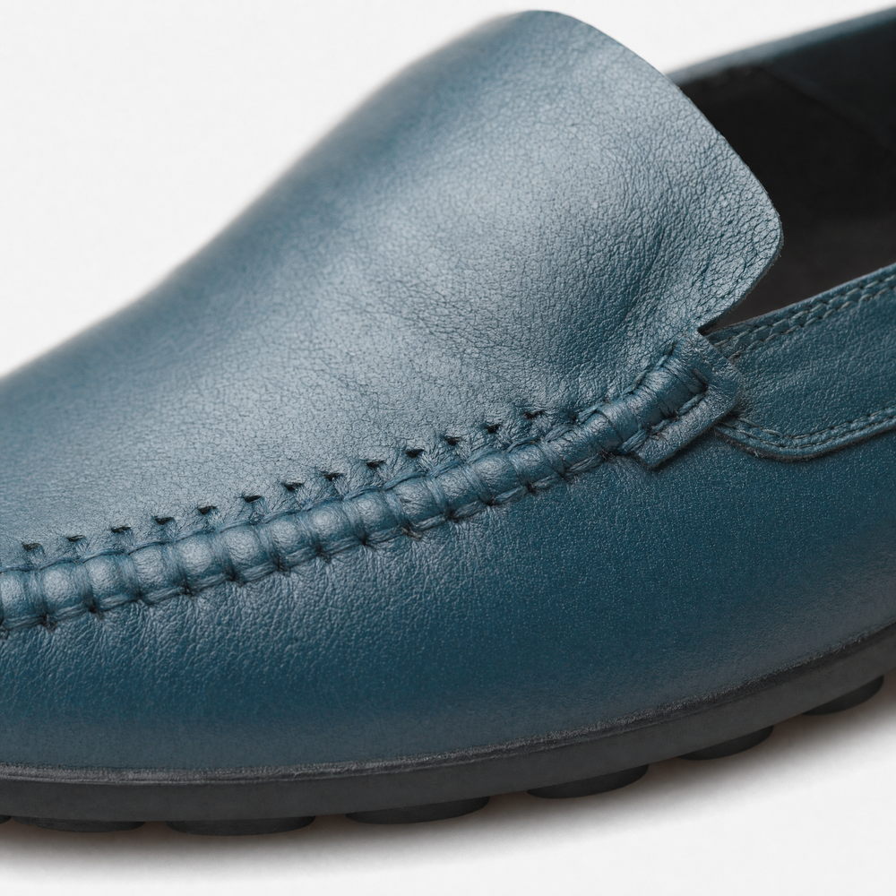 Navy Blue Leather Apron Toe Loafers