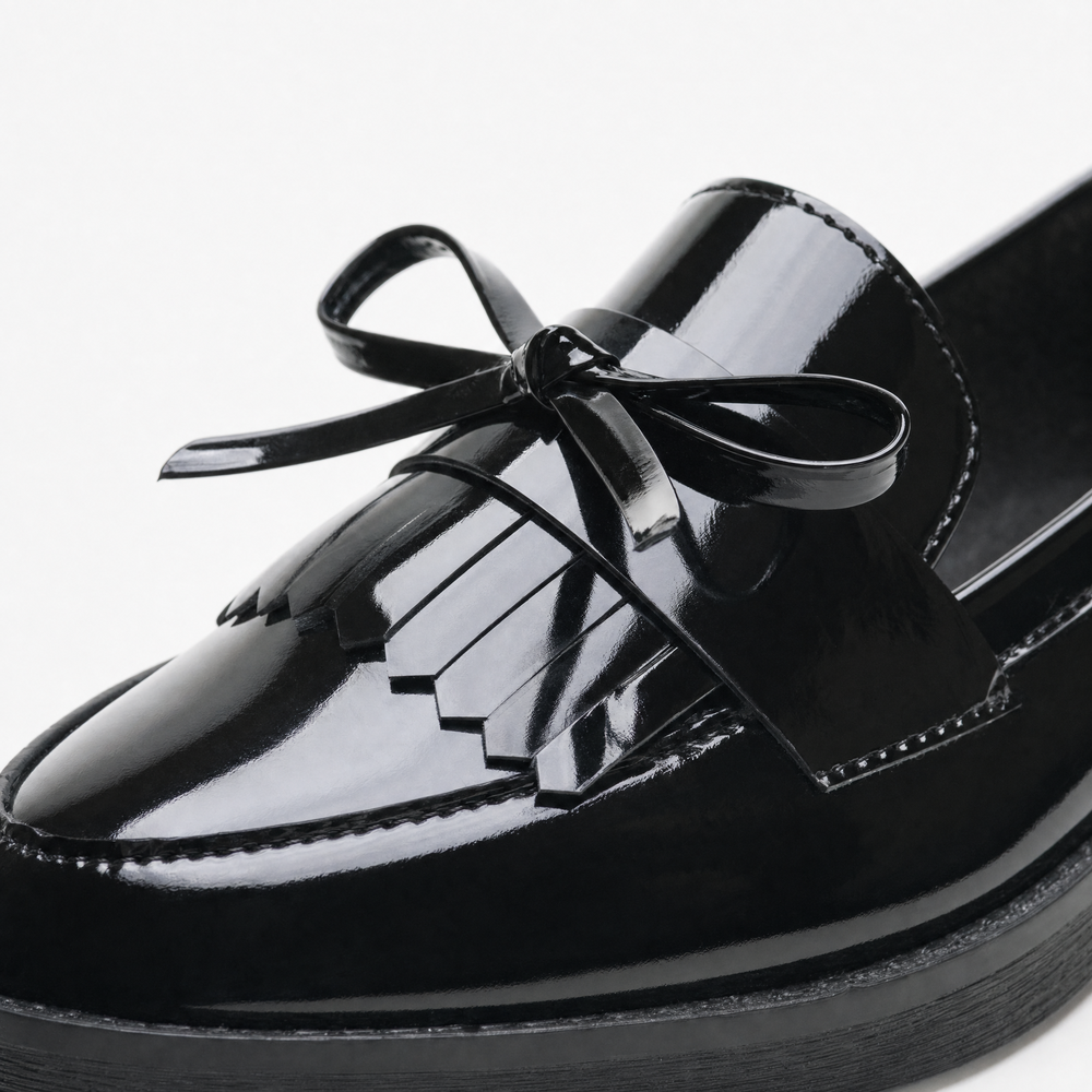 Black Patent Bow Fringe Loafers