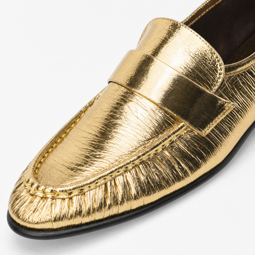 Textured Gold Leather Loafers