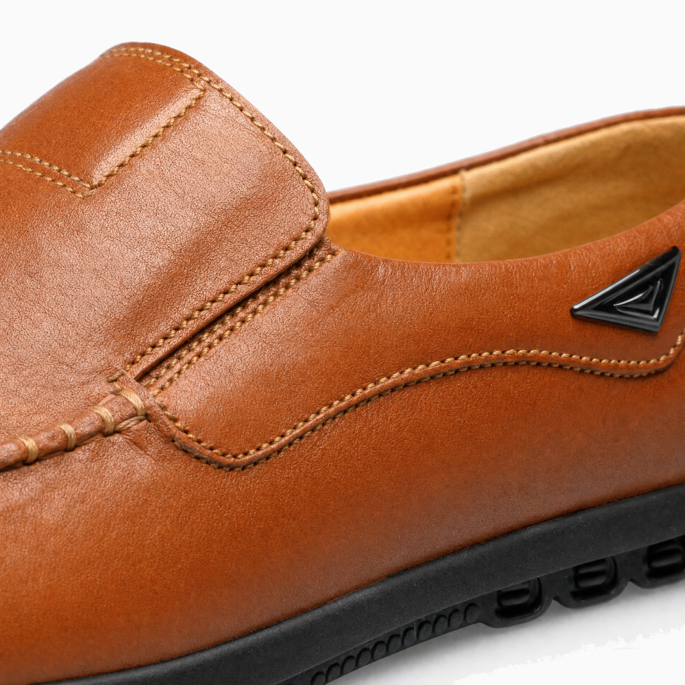 Brown Leather Emblem Stitch Loafers