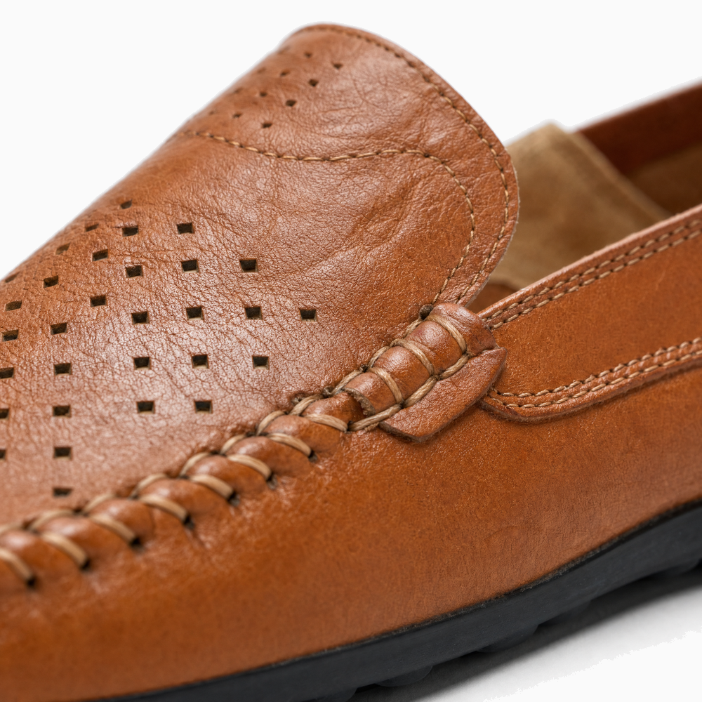 Brown Perforated Slip On Loafers