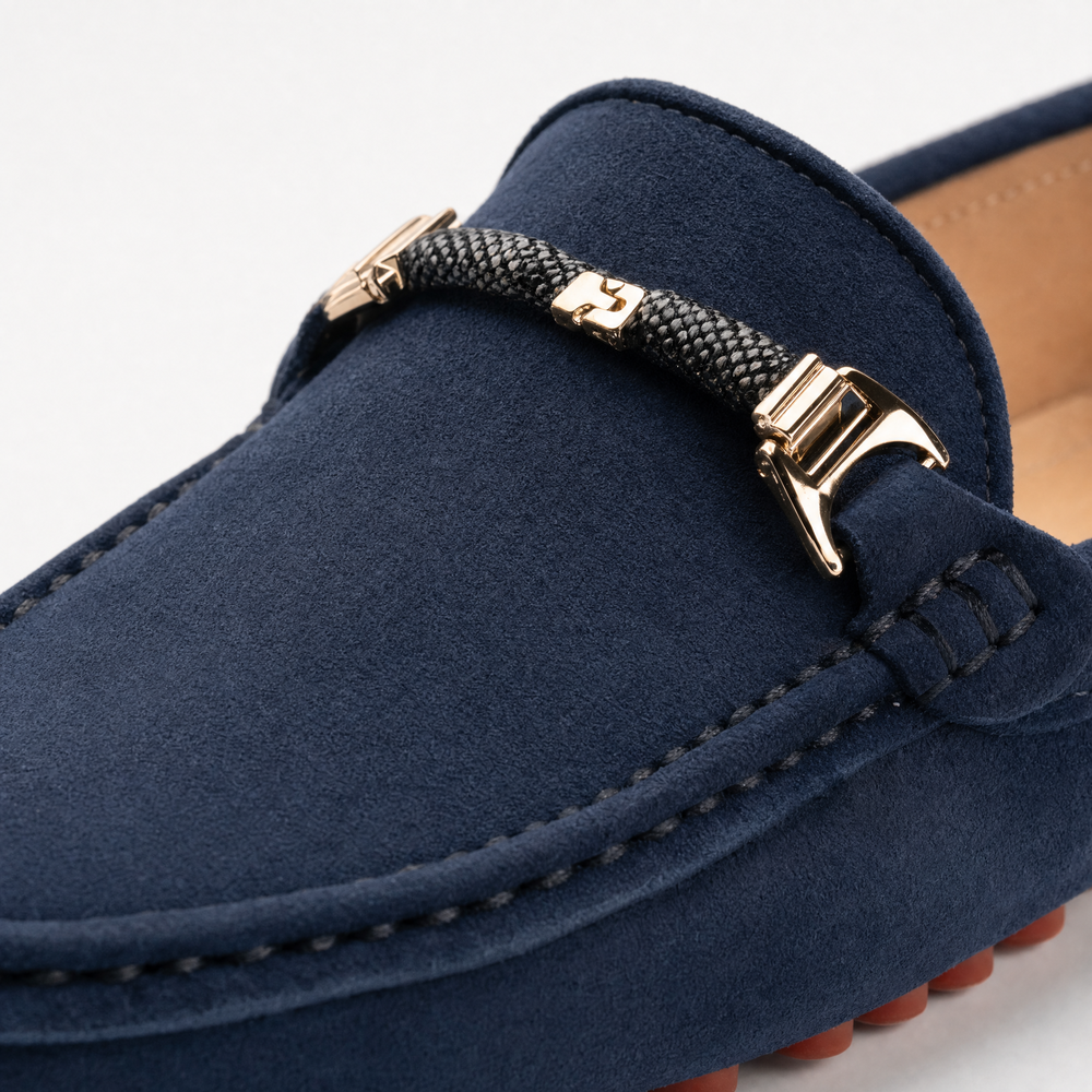 Navy Suede Metal Emblem Loafers