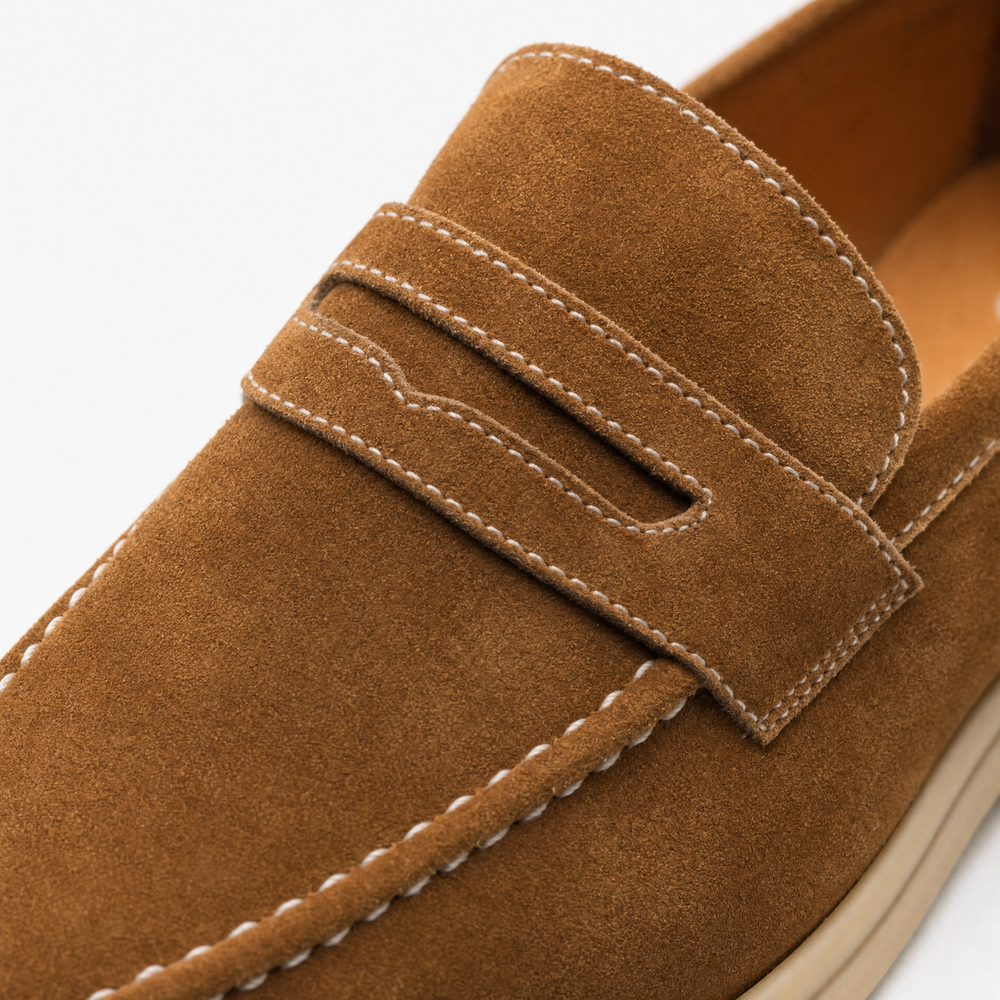 Brown Suede White Stitch Loafers