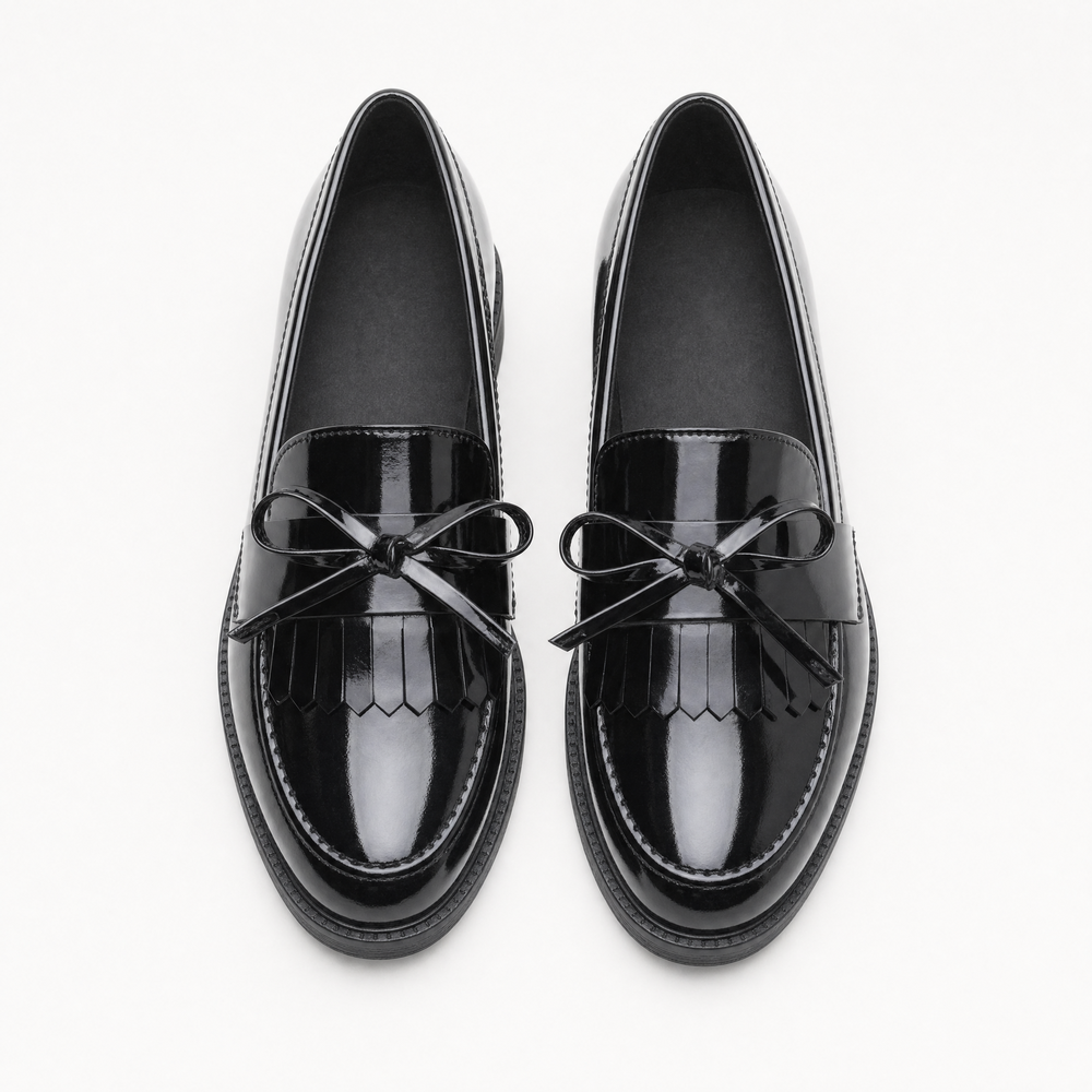 Black Patent Bow Fringe Loafers