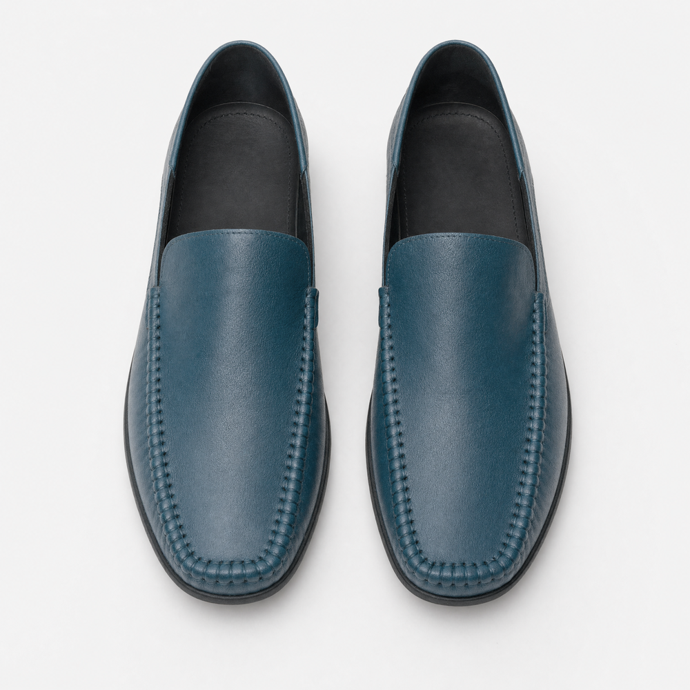 Navy Blue Leather Apron Toe Loafers