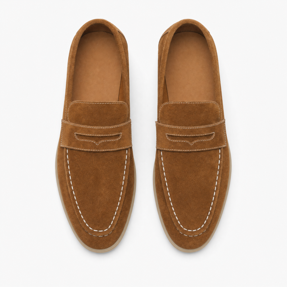Brown Suede White Stitch Loafers