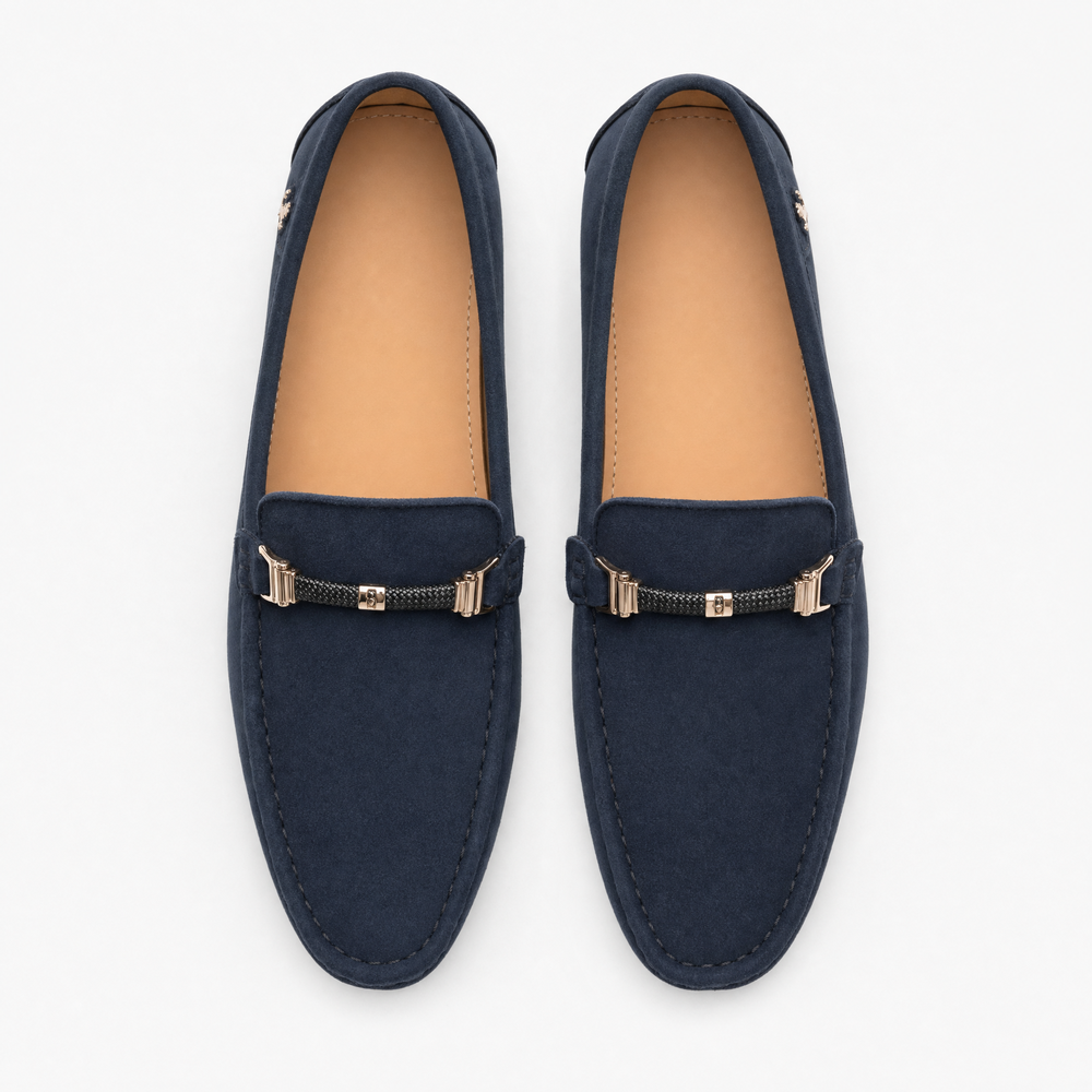 Navy Suede Metal Emblem Loafers