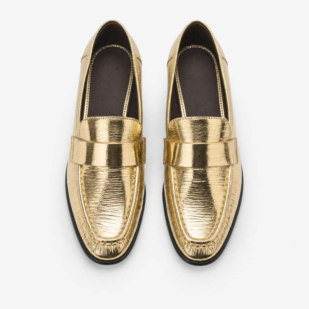 Textured Gold Leather Loafers