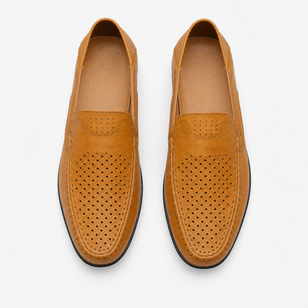 Camel Perforated Slip On Loafers