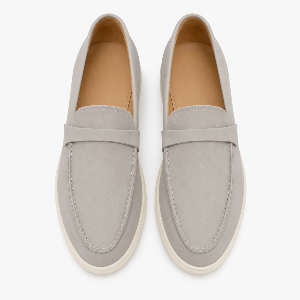 Grey Suede Penny Flat Loafers