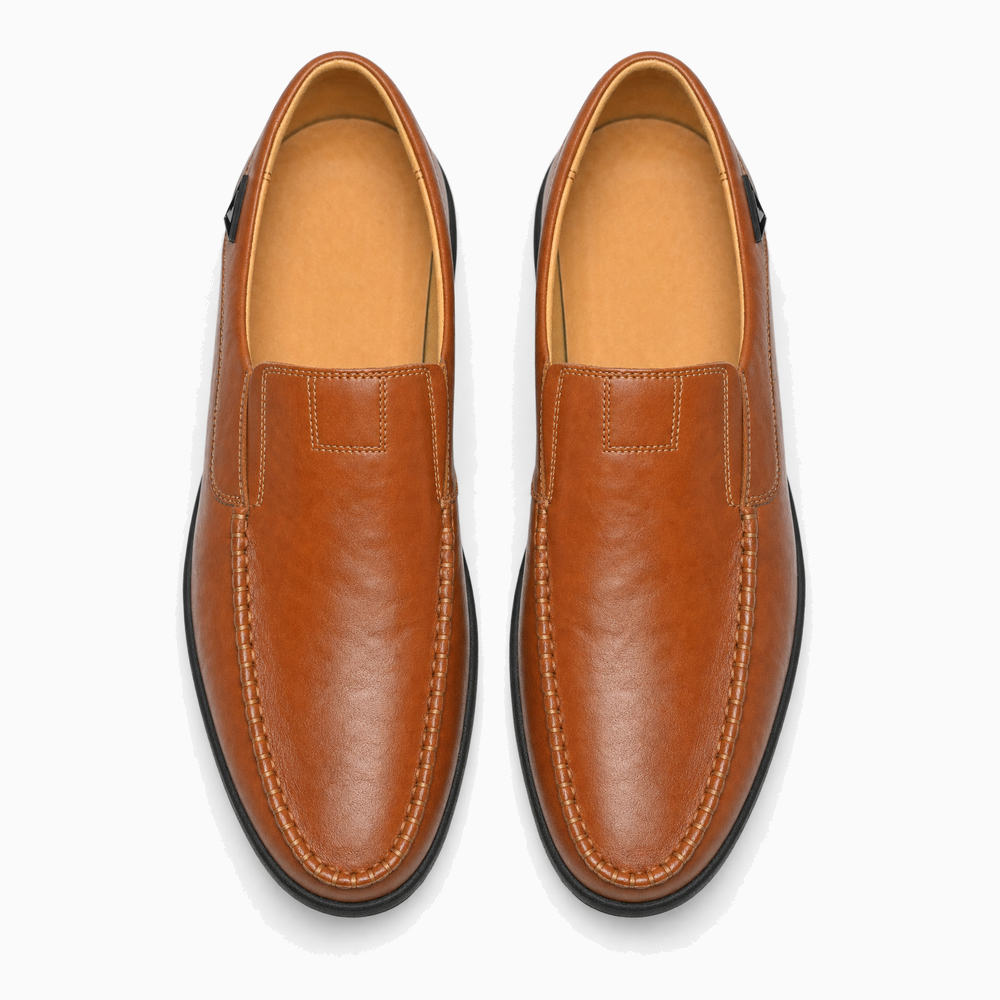 Brown Leather Emblem Stitch Loafers