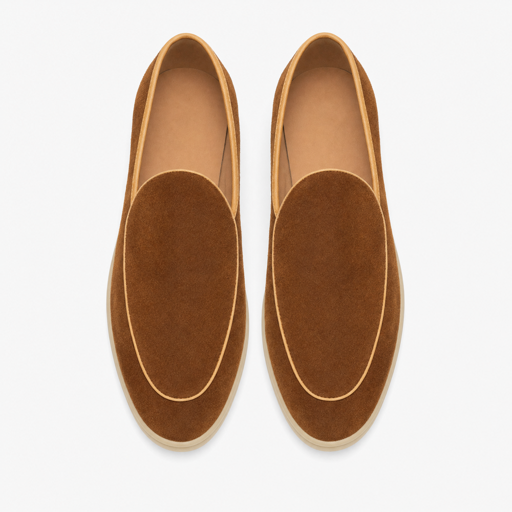 Brown Suede Contrast Piping Loafers