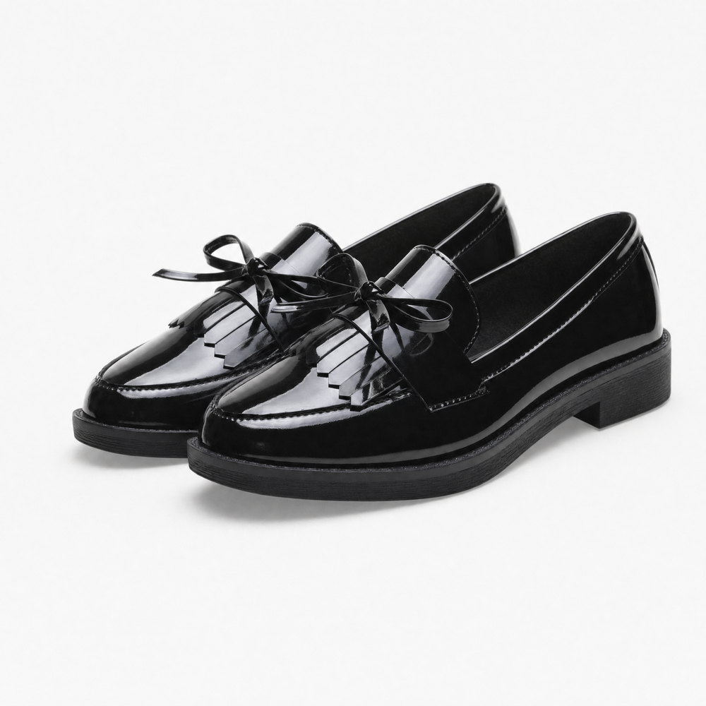 Black Patent Bow Fringe Loafers