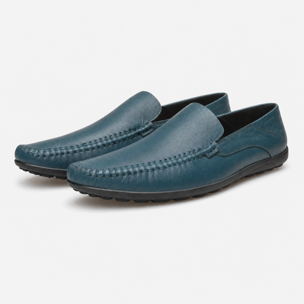 Navy Blue Leather Apron Toe Loafers