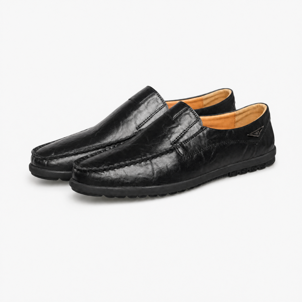 Black Leather Metal Accent Loafers