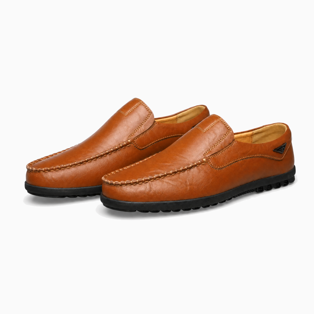 Brown Leather Emblem Stitch Loafers