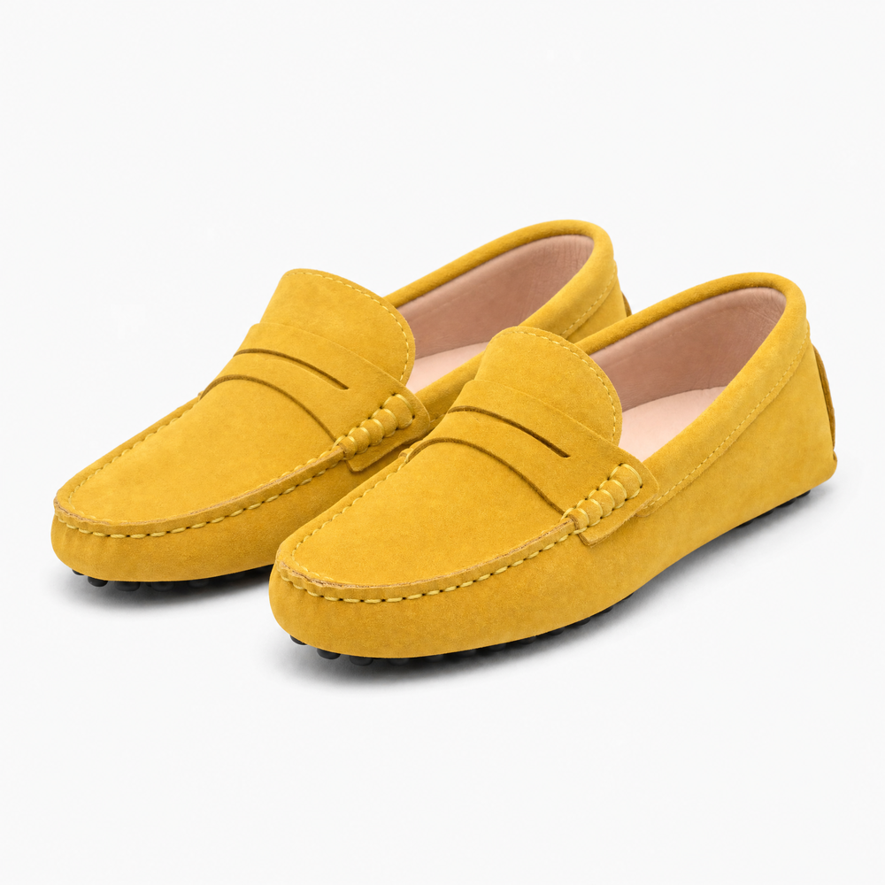 Yellow Suede Penny Boat Loafers