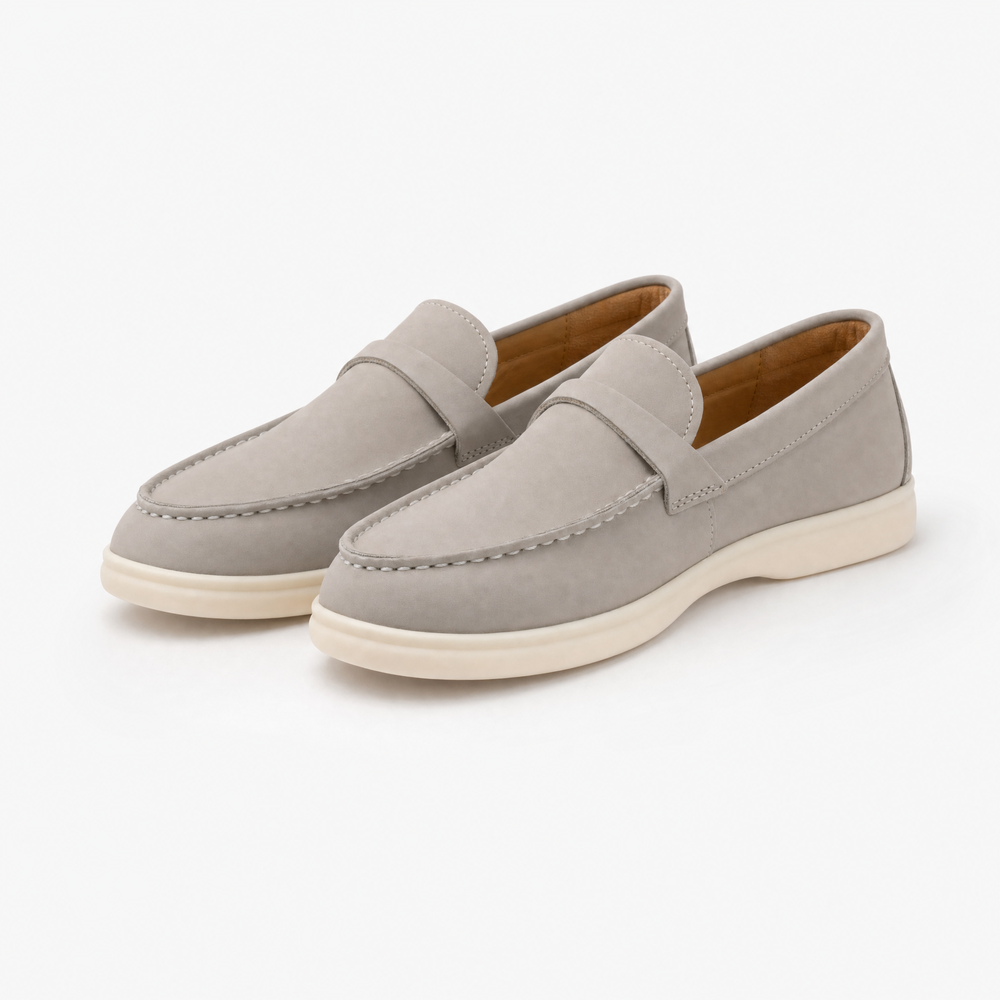 Grey Suede Penny Flat Loafers